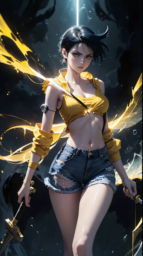 woman, fight pose, baddas stare,hold a yellow sword with a yellow lightning emblem, yellow short wispy pixie hair, yellow eyes, ...