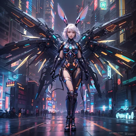 (wide wide shot)，(Best quality,Masterpiece:1.2),(Futuristic cyborg woman), (Rabbit ears)，Bright colored hair，((massive wings)),H...