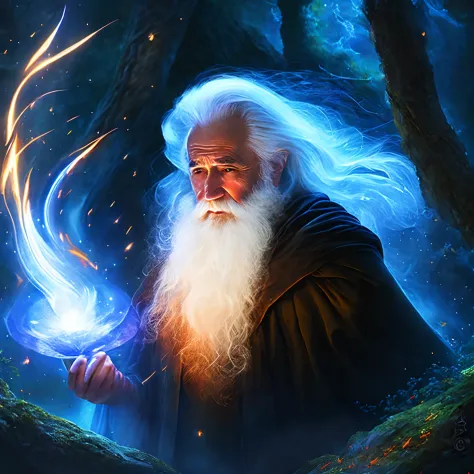 wizard, old man, white hair, magic, cinematic, painting, casting powerful spell, fireblooms, lighting up a enchanted forest,