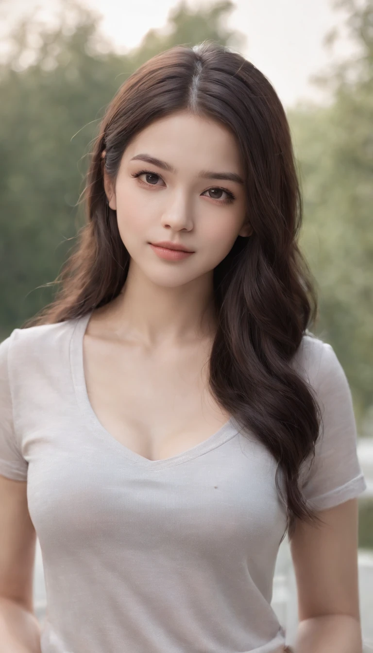 18-year-old American girl, video gamer, wearing a semi-transparent cropped T-shirt, jet-black flowing hair, blushing cheeks, natural skin texture, 4K resolution, highly detailed, incredibly detailed, subtle colors, wavy long hair, a slight smile on her face, , looking directly at the camera, tilted head, small breasts.