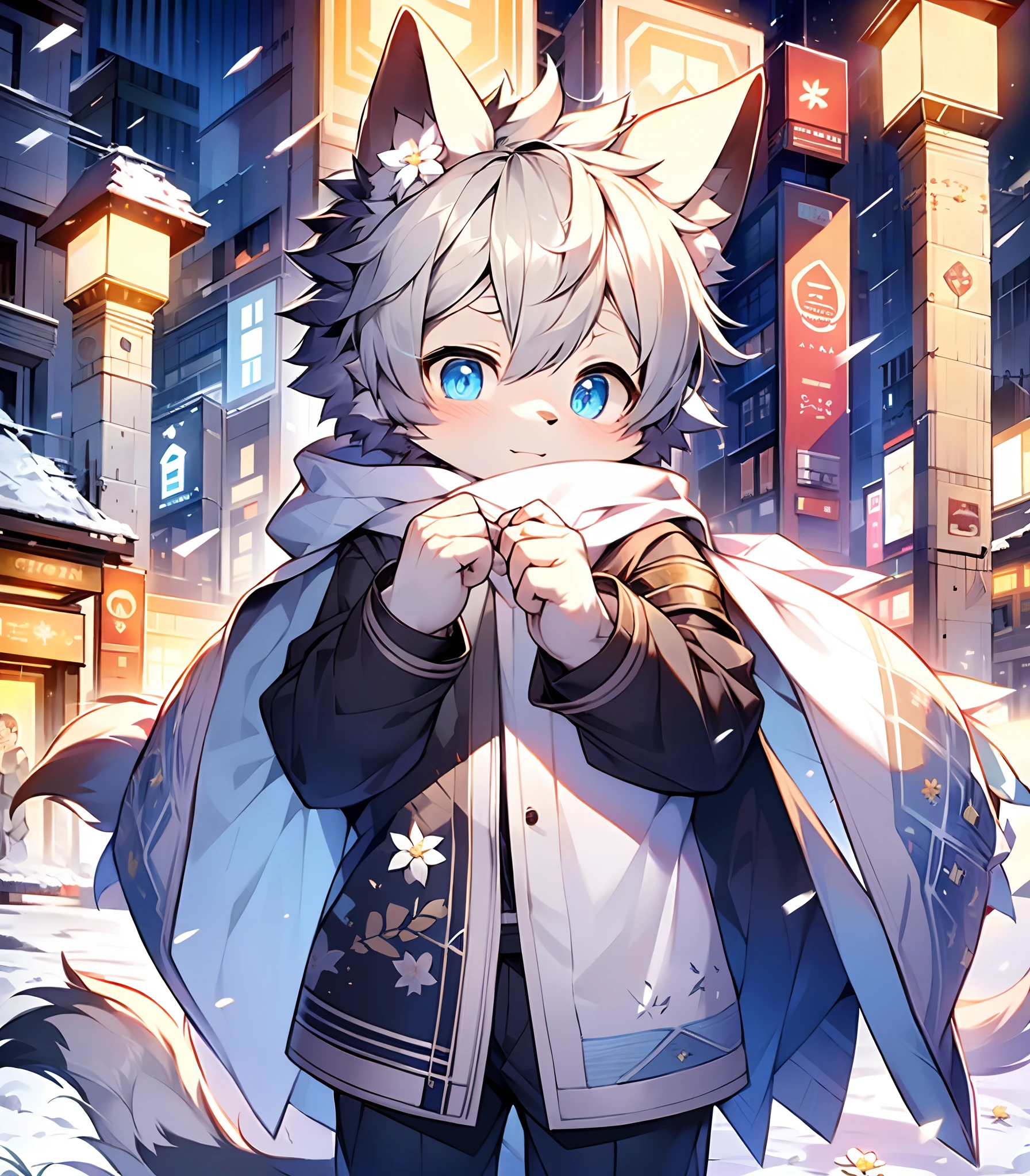 Highest image quality，A masterpiece，Delicate hands，finely-detailed eyes，Normal eyes，Gray wolf ears，Furry，Gray hair，adolable，Handsome，（（White scarf）），Shota， Blue pupil, city night scene, Gray hair, By bangs，Dappled light and shadow, short detailed hair，ember，There are bright eyes of God, 城市，winter background，2022，Outfit in black，独奏，New Year，Melon seed face，snowflower，rcasual