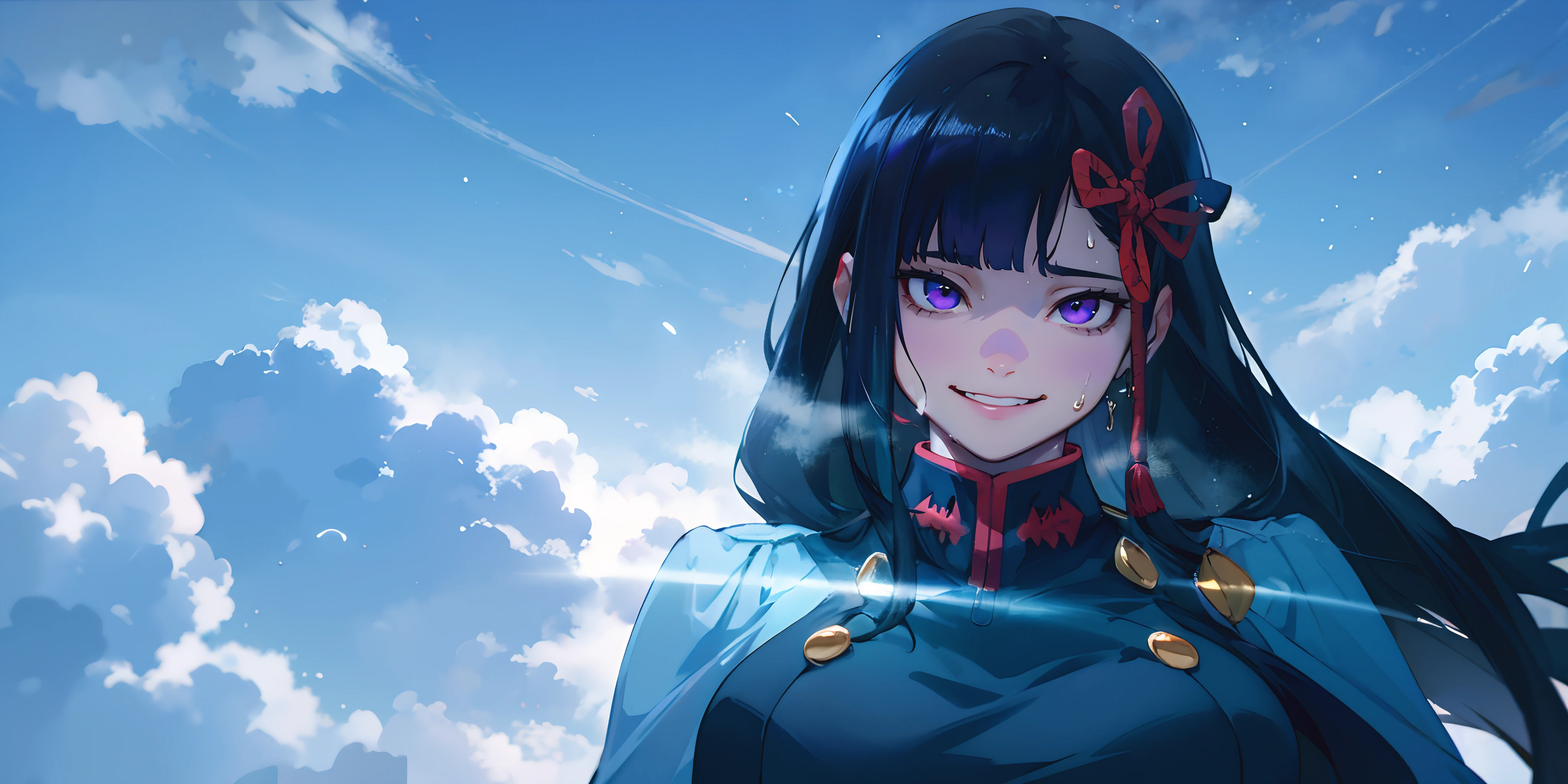 yamashiro768, (long hair, black hair, hair ornament:1.5), purple eyes, 1girl, sky, cloud, solo, parted_lips, looking_at_viewer, outdoors, blue_sky, upper_body, cloudy_sky, breasts, day, steaming face, fog, (heavy breathing:1.4)