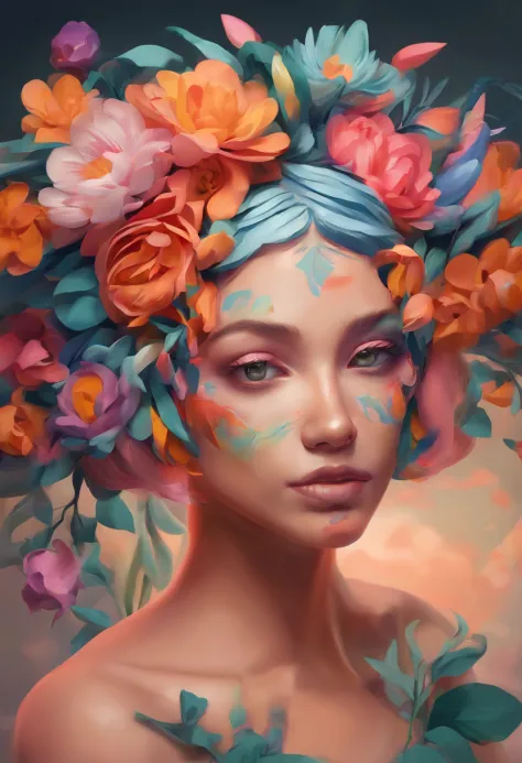 Close-up of a girl with flowers in her hair, trending on artstration, girl with a flower face, glossy digital painting, Digital painting style, Beautiful digital illustration, Mysterious look. rich and vivid colors, beautiful digital painting, beautiful di...