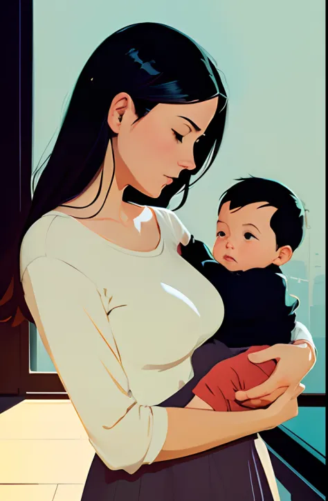 Mother cradling a baby,  art by Pascal Campion,  art by Atey Ghailan,  art by Joelle Jones style