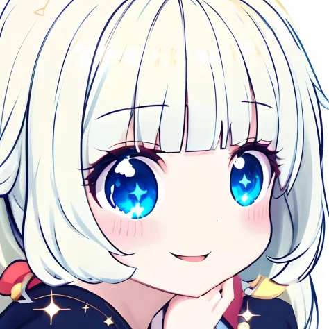 (masterpiece,best quality,ultra_detailed, highres, absurdres:1.2),Emoticon packages,1girl, solo, smile, bangs, sparkle, blunt_bangs, blue_eyes