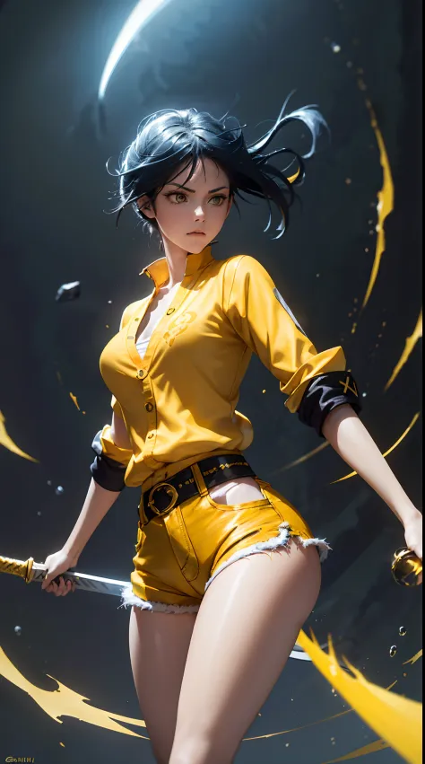 woman, fight pose, baddas stare,hold a yellow sword with a yellow lightning emblem, yellow short wispy pixie hair, yellow eyes, ...