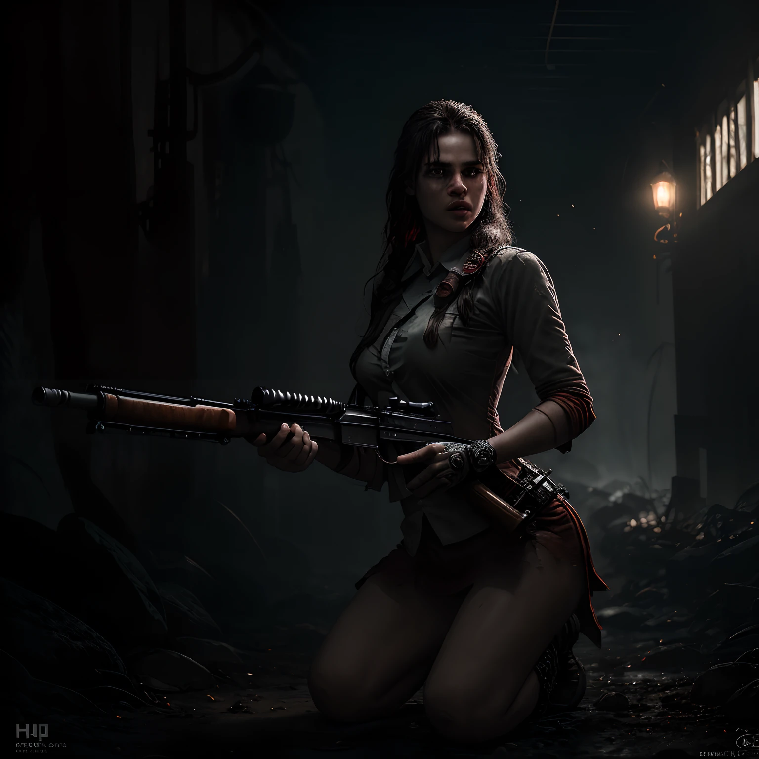 (Dutch Young Woman, long hair, red with a ponytail reaching the waist, in a red taje and black details) Action Pose, epic scene, using an old hunter's rifle many fine details, horror movie style, fot, natural textures, naturallight, natural blur, fotorrealism, cinematic render, ray tracing, highest quallity, highest detail, cinemactic, Blur effect, long exposure, 8K, Ultra -HD, natural  lightting, Moody Lighting, cinematic lighthing, hyperrealisti, Vibrant, 8K, detailded, ultra detail, Scenario with werewolves ambushing