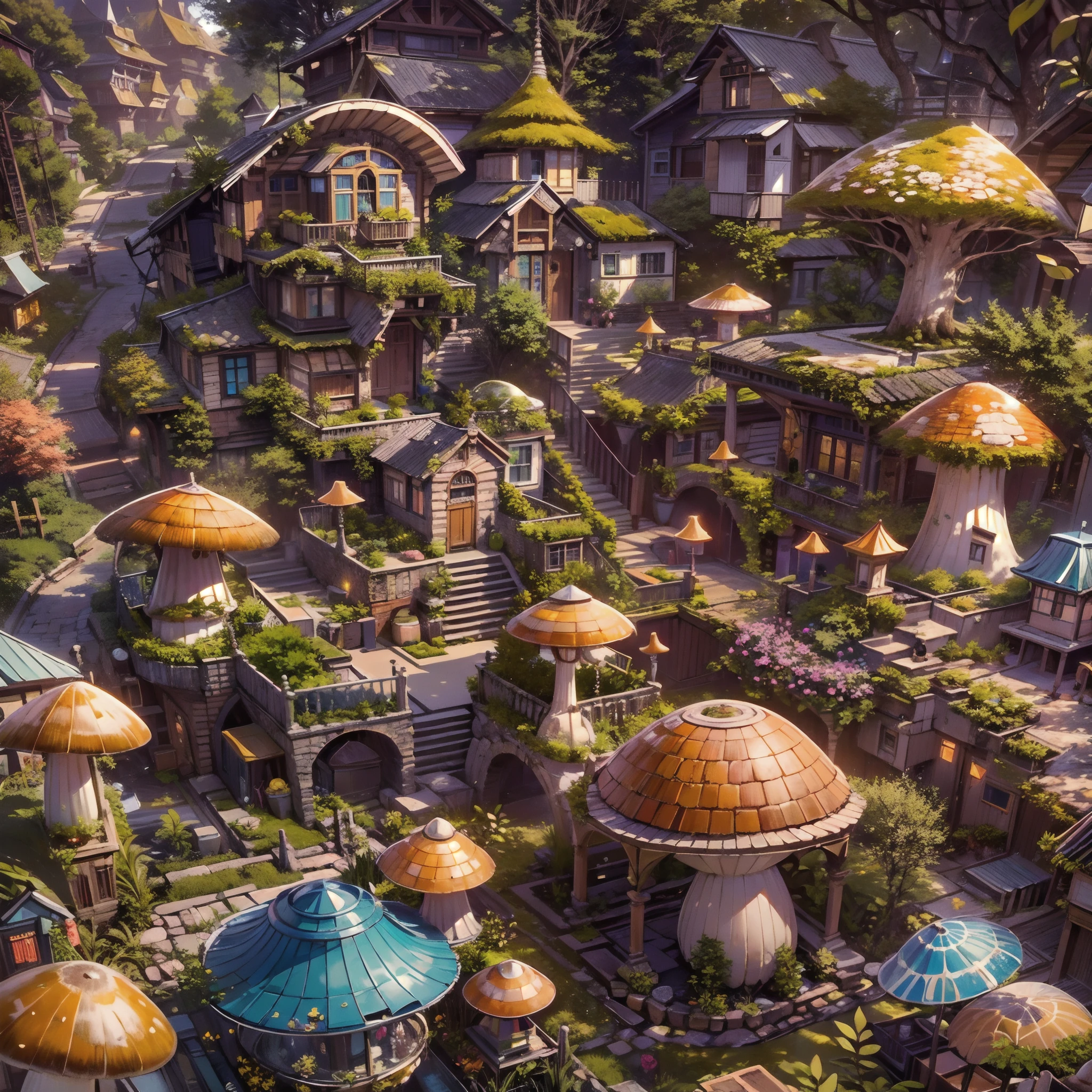 (Best quality,4K,8K,A high resolution,Masterpiece:1.2),Ultra-detailed,(Realistic,Photorealistic,photo-realistic:1.37),Otherworldly city,small city,Aerial view,ultra-wide-angle,super wide shot,Countless mushroom houses,Unique mushroom house,Mushrooms make small houses,Mushroom houses of all sizes and shapes,Vibrant colors,Lively atmosphere,enchanting landscape,Winding paths,an enchanted forest,Tall trees,overgrown vegetation,flashing lights,Fairy tale charm,Magical atmosphere,mystical aura,the sunlight filters through the leaves of the tree,Soft shadows,Fantastical Atmosphere,Ethereal beauty,Whimsical architecture,Fantasy world,Unleash your imagination,innovative design,Wacky details,Playful elements,Hidden nooks and crannies,secret passages,curved roofs,Colored tiles,Gorgeous doors and windows,Comfortable balcony,Climb the vine,Flowering plants,enchantedgarden,serenity and calm,Trickling fountains,a serene pond,shiny reflective surfaces,Unusual landscape,surreal colors,Endless exploration.