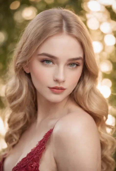 beautiful 16 year old girl, Long wavy Golden blonde hair, emerald green eyes, expressive eyebrows, long jet black eyelashes, almost shaped eyes, aquiline nose, rose-red lips, diamond shaped face, hourglass figure, sculptured shoulders and neck, long and Li...