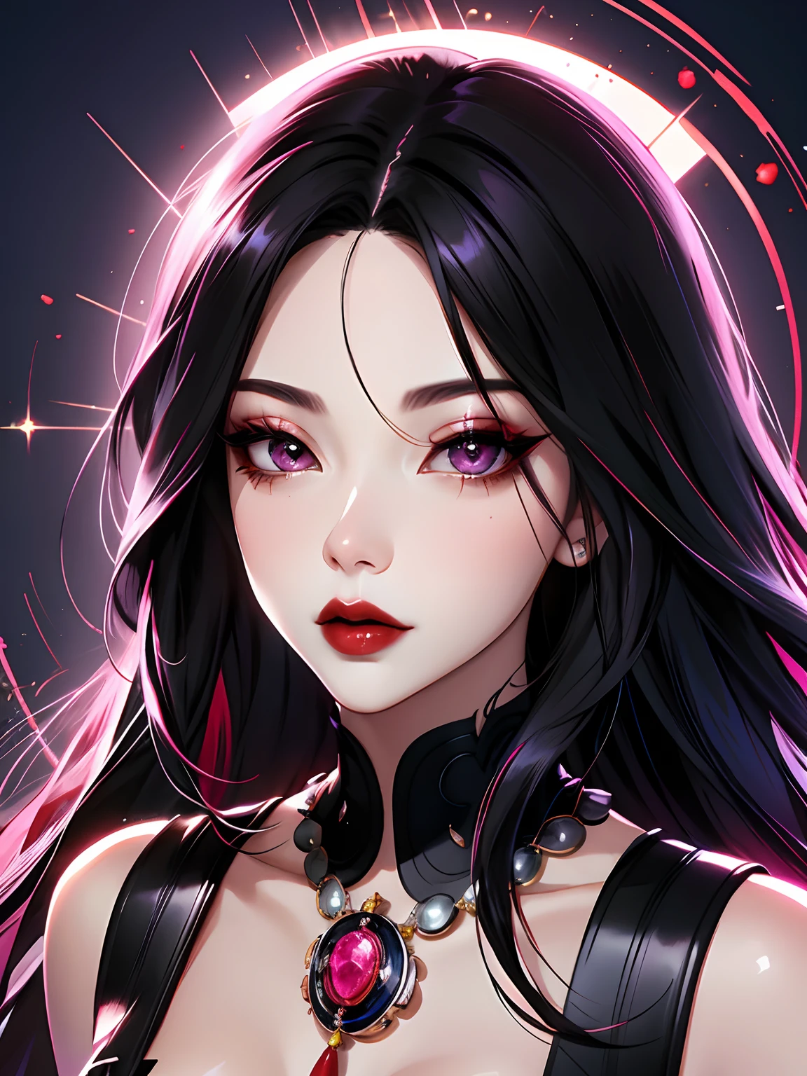 1girl in, solo, Jewelry, pink black hair, necklace, red-lips, Long hair, covered eyes, lipstick, makeup, upper-body, closed mouth,  gown, hair above one eye, clavicle, Dress,black theme,bad-girl, large breasts,sparkly skin,(mature female),chic, Snthwve style, nvinkpunk Close-up portrait of a face (((sks person))), Smooth soft skin, big dreamy eyes, Beautiful intricate dyed hair, Symmetrical, anime wide eyes, soft-lighting, Detailed Face, makoto sinkai, by stanley artgerm lau, WLOP, rossdraws, Concept art, Digital Painting, looking up at the camera