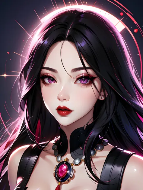 1girl in, 独奏, Jewelry, pink black hair, necklace, red-lips, Long hair, covered eyes, lipstick, makeup, upper-body, closed mouth,  gown, hair above one eye, 鎖骨, Dress,black theme,bad-girl, large breasts,sparkly skin,(mature female),Chic, Snthwve style, nvin...