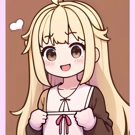 (masterpiece,best quality,ultra_detailed, highres, absurdres:1.2),Emoticon packages,1girl, solo, blonde_hair, smile, ahoge, long_hair, open_mouth, long_sleeves, brown_background, looking_at_viewer, pink_shirt, collarbone, upper_body