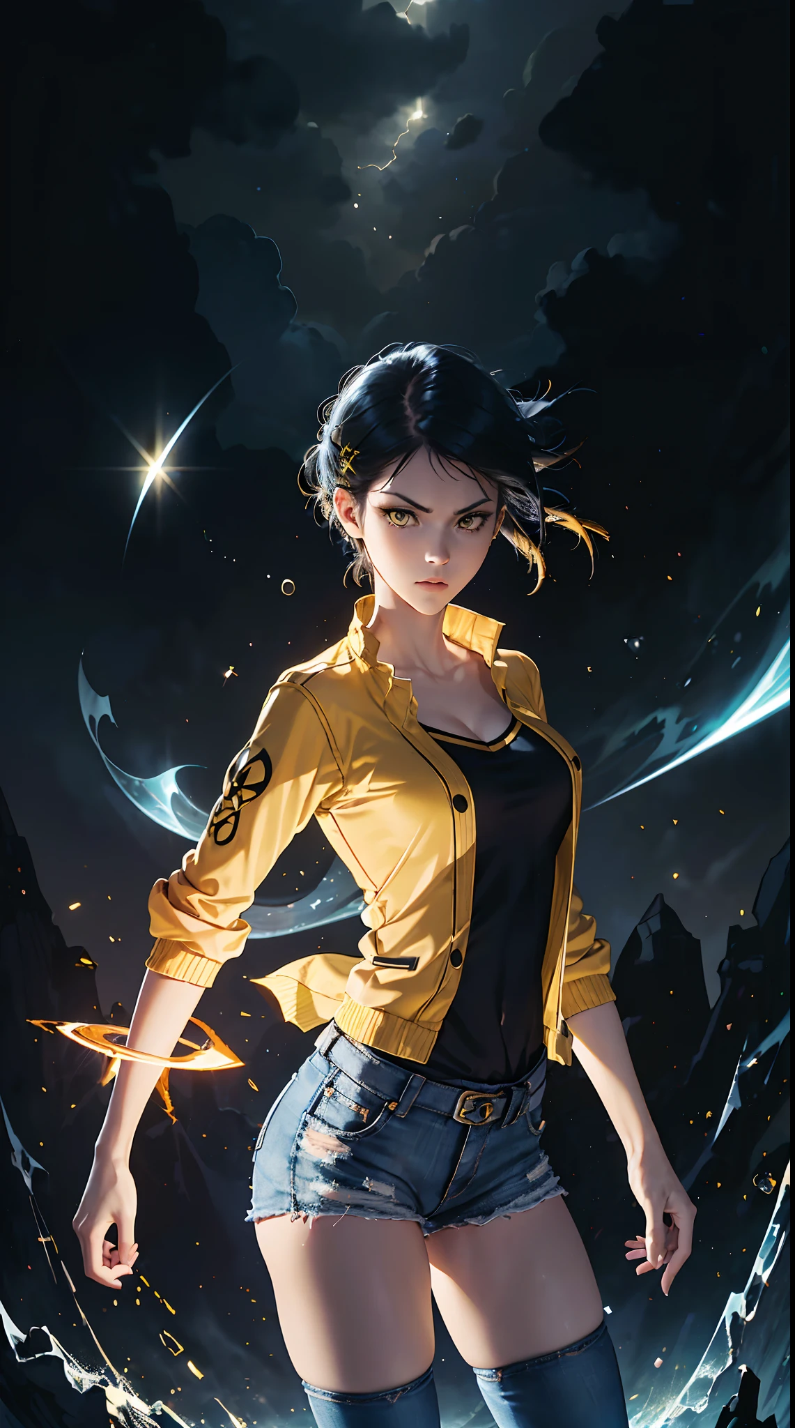 Woman, fight pose, Baddas stare,Hold a yellow sword with a yellow lightning emblem, yellow short wispy Pixie hair, yellow eyes, yellow short shirt, black hotpants jeans, black Jacket sweater ,In the middle of the shirt there is an omega symbol,HD lighting and dark )<=(epic image quality)dark atmosphere with bright particle light(many effects in background)