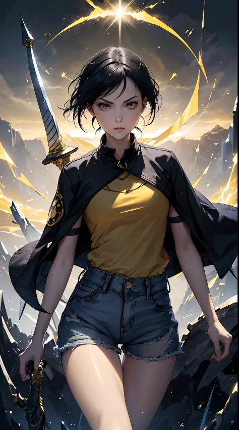 woman, fight pose, baddas stare,hold a yellow sword with a yellow lightning emblem, yellow short wispy pixie hair, yellow eyes, ...