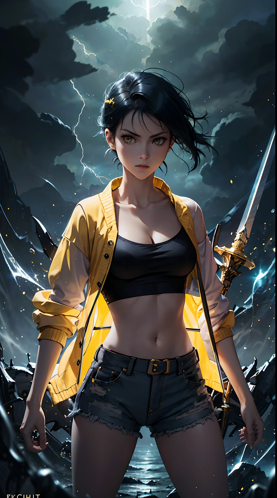 Woman, fight pose, Baddas stare,Hold a yellow sword with a yellow lightning emblem, yellow short wispy Pixie hair, yellow eyes, yellow short shirt, black hotpants jeans, black Jacket sweater ,In the middle of the shirt there is an omega symbol,HD lighting and dark )<=(epic image quality)dark atmosphere with bright particle light(many effects in background)