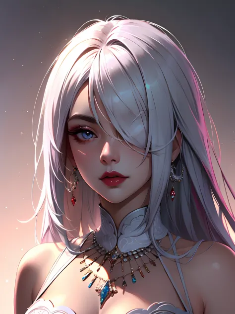 1girl in, 独奏, Jewelry, pink white hair, necklace, red-lips, Long hair, covered eyes, lipstick, makeup, upper-body, closed mouth,...
