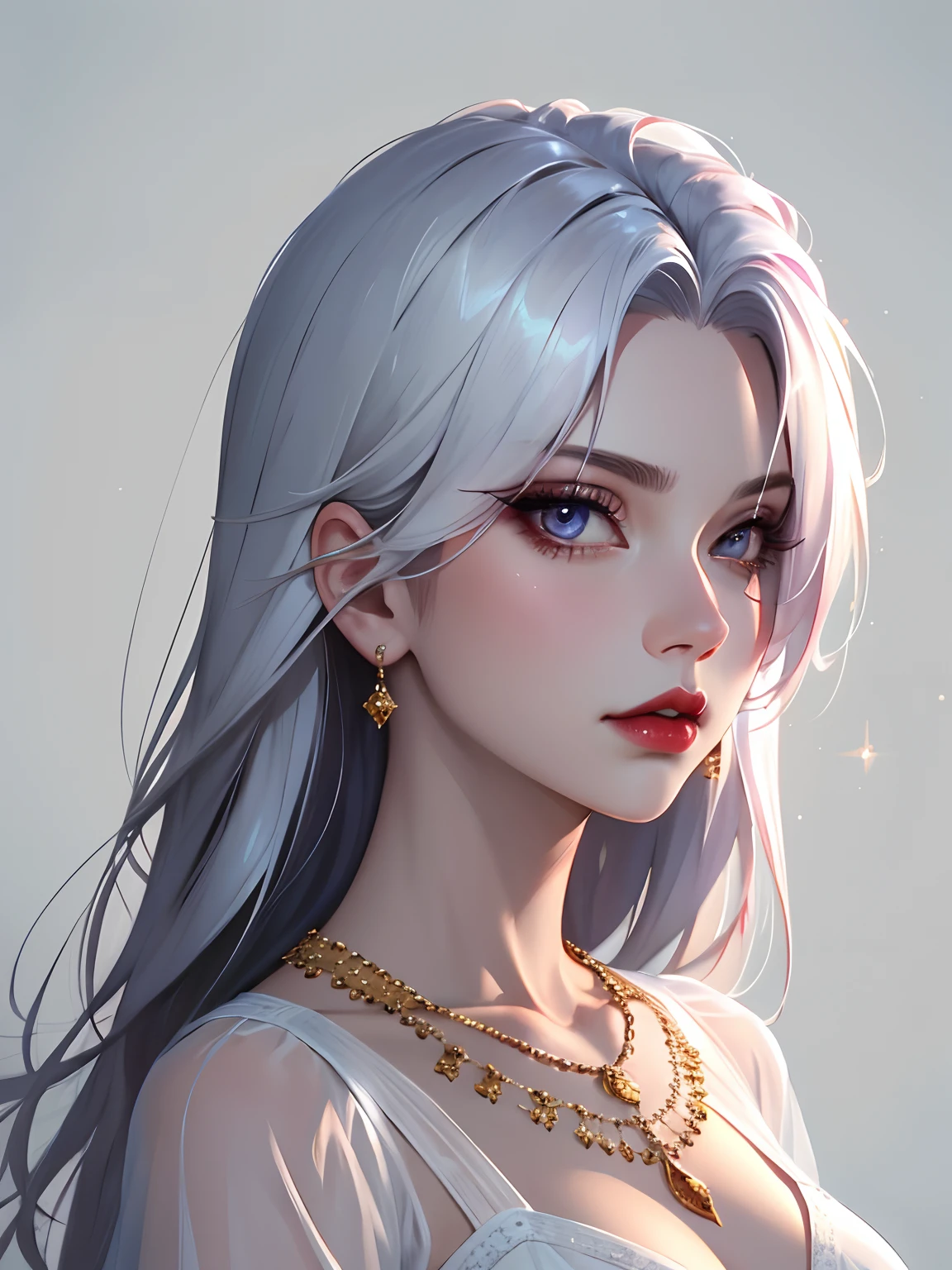 1girl in, solo, Jewelry, pink white hair, necklace, red-lips, Long hair, covered eyes, lipstick, makeup, upper-body, closed mouth,  gown, hair above one eye, clavicle, white dress,white theme,bad-girl, large breasts,sparkly skin,(mature female),chic, Snthwve style, nvinkpunk Close-up portrait of a face (((sks person))), Smooth soft skin, big dreamy eyes, Beautiful intricate dyed hair, Symmetrical, anime wide eyes, soft-lighting, Detailed Face, makoto sinkai, by stanley artgerm lau, WLOP, rossdraws, Concept art, Digital Painting, looking up at the camera