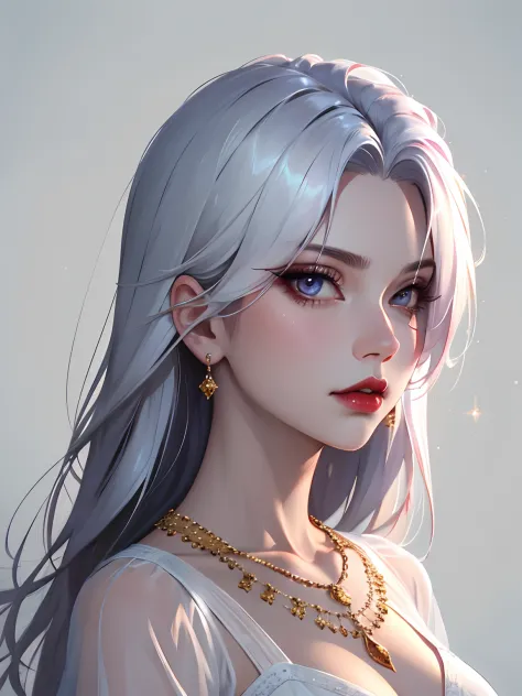 1girl in, 独奏, Jewelry, pink white hair, necklace, red-lips, Long hair, covered eyes, lipstick, makeup, upper-body, closed mouth,  gown, hair above one eye, 鎖骨, white dress,white theme,bad-girl, large breasts,sparkly skin,(mature female),Chic, Snthwve style...