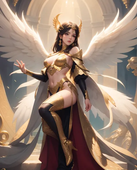 Alafed woman in winged white and gold costume, full - body majestic angel, of beautiful angel, ig model | ArtGerm, Trending on C...