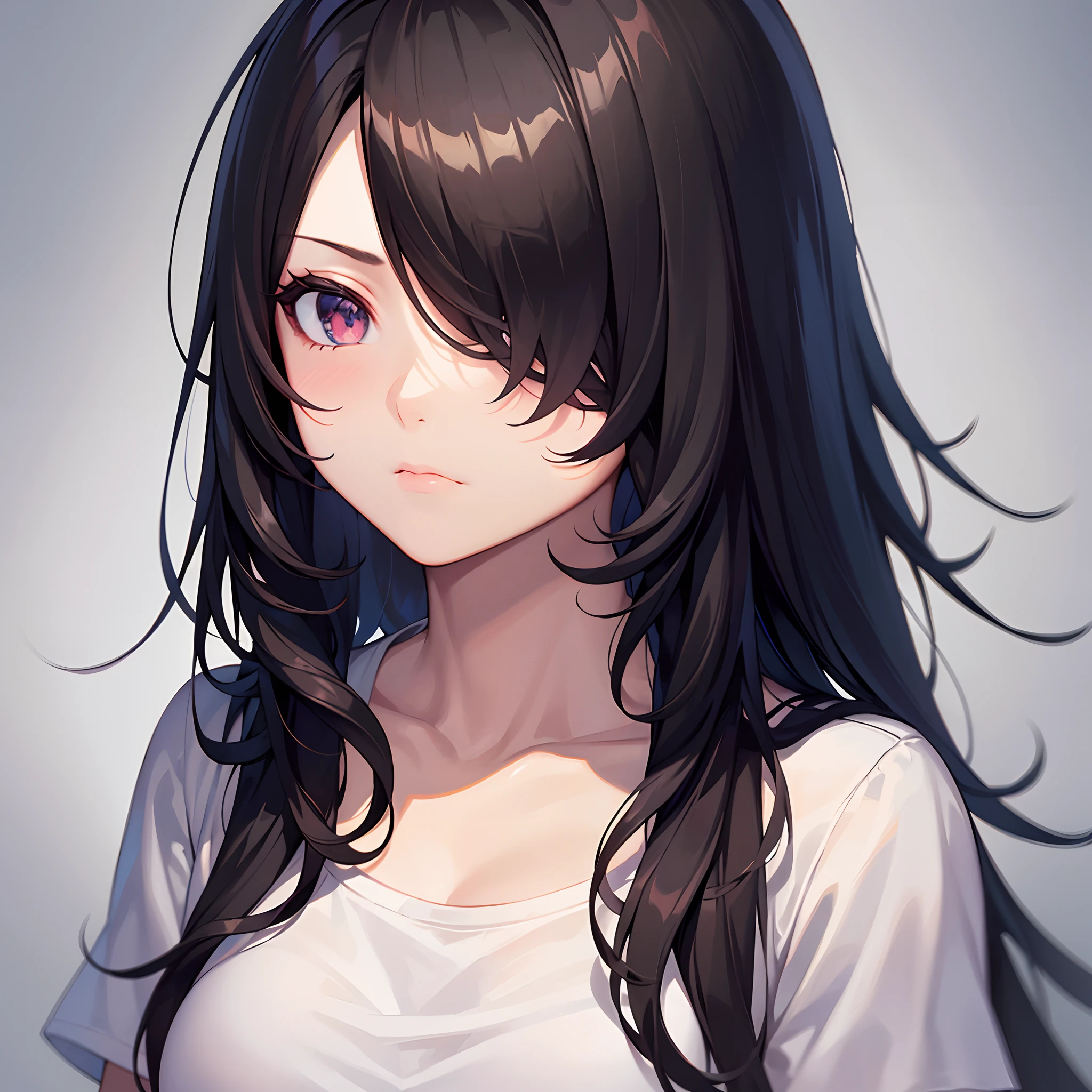 1girl, black long hair, hair over one eye, white t-shirt, medium breasts, sad face, depressive work, dull colors, portrait, simple background