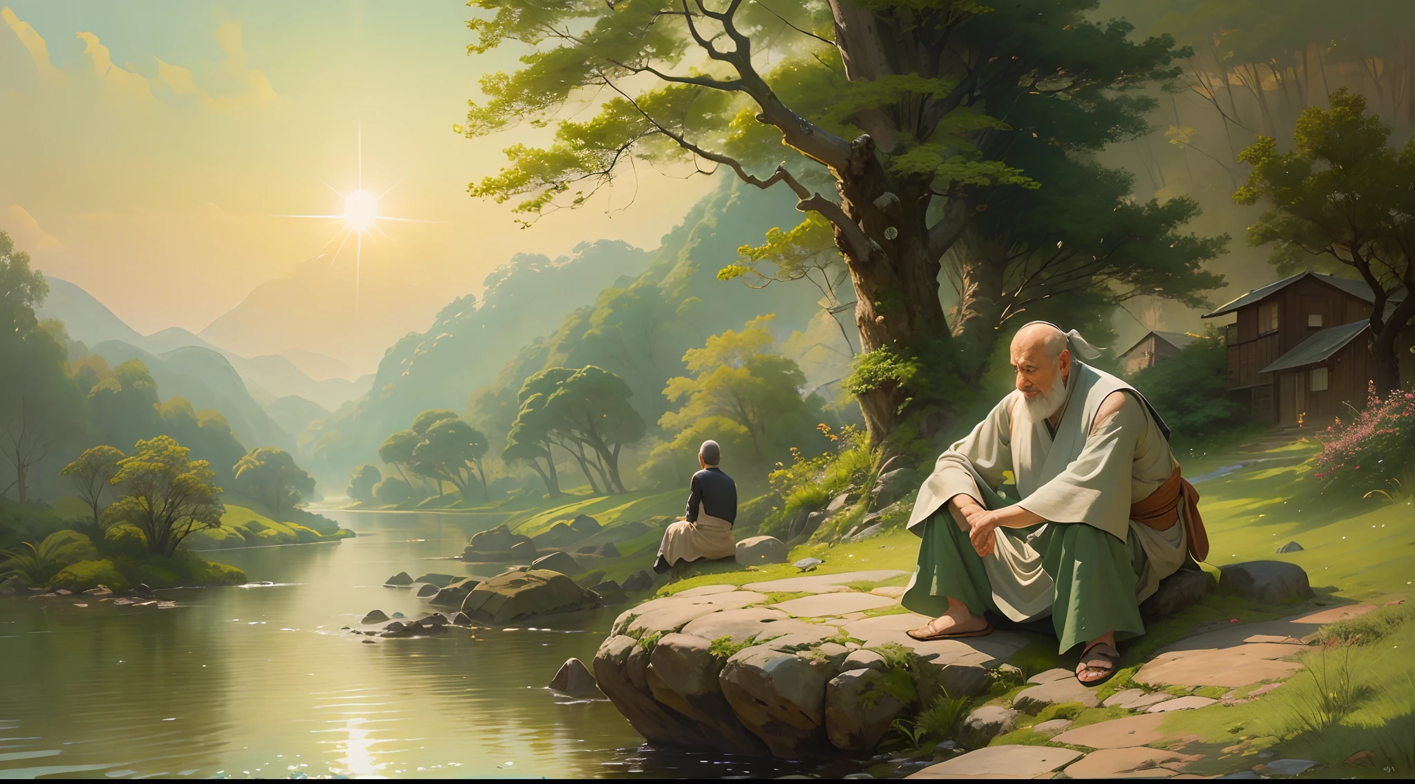 A serene and picturesque village scene with the wise Zen master and the ...