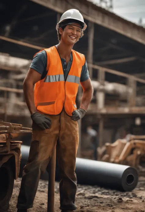 ​masterpiece, top-quality, ultra-detailliert, illustratio, man, Construction site workers, standing next to an unrolling roll of bituminous membrane,male people,Niō Standing,Workwear,gloves,work shoes、Adolescent Men、Cute smile