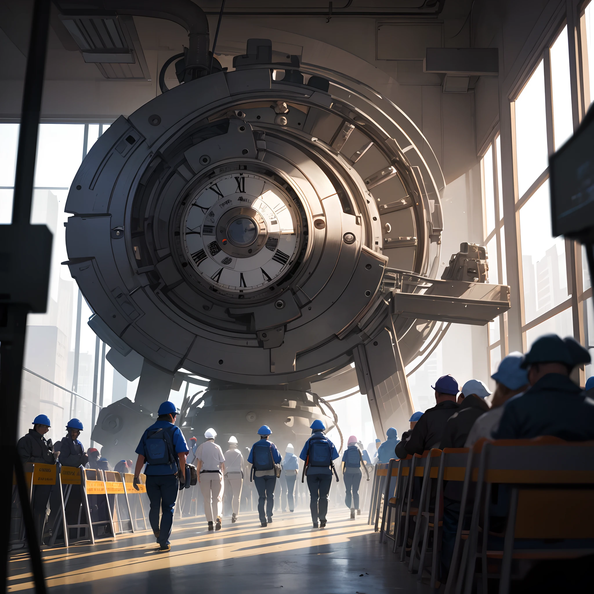 workers lined up with heads that merge with a time clock, workers walking towards a machine that grinds, ultra realistic image