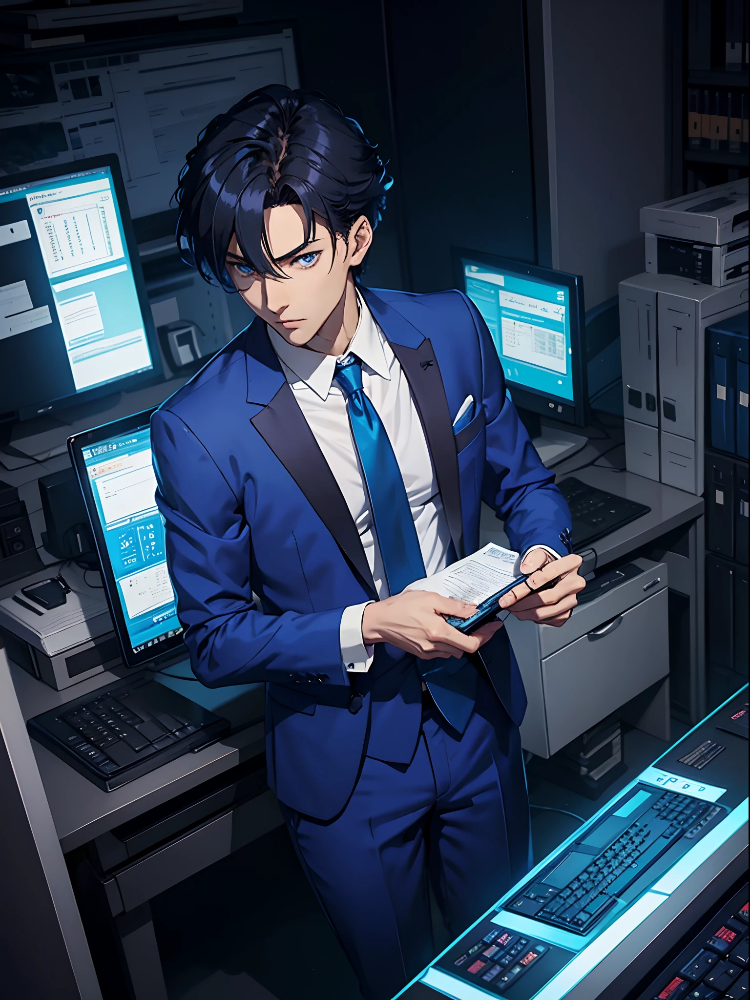 Anime man in blue suit standing in front of a computer desk - SeaArt AI