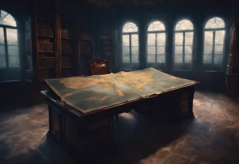 An ancient weathered map of (atlantis) sitting on a dusty black desk in a forgotten library, cobwebs, dramatic, dark, gloomy, sh...