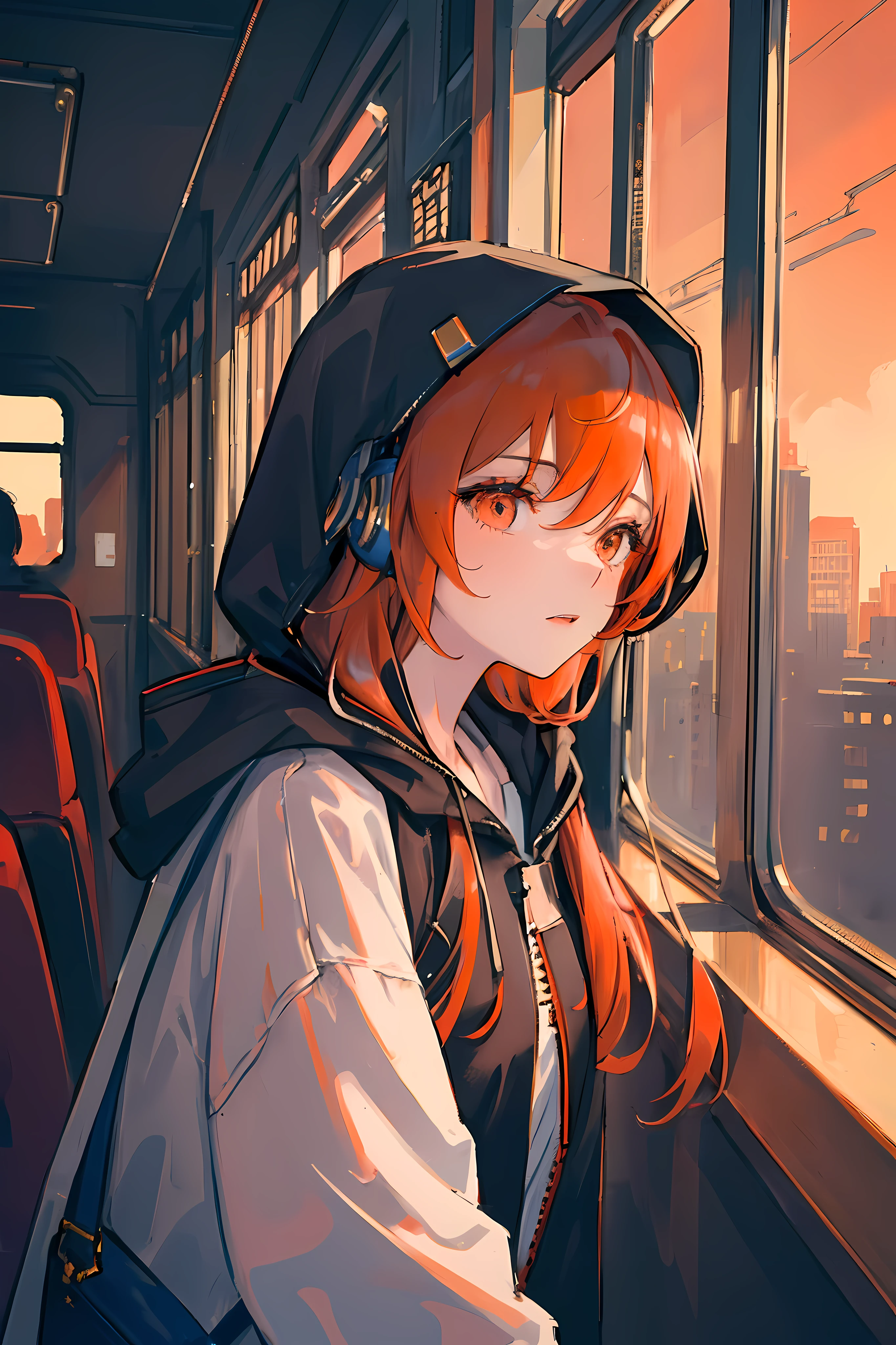 (masterpiece, sidelighting, ultra-detailed, finely detailed beautiful eyes: 1.2), 1girl, bag, building, from side, headphones, hood, hood down, hooded jacket, hoodie, jacket, long hair, orange hair, profile, red hair, solo, train, train interior, upper body, Masterpiece, best quality