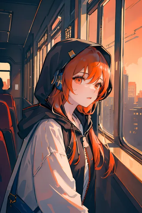 (masterpiece, sidelighting, ultra-detailed, finely detailed beautiful eyes: 1.2), 1girl, bag, building, from side, headphones, h...