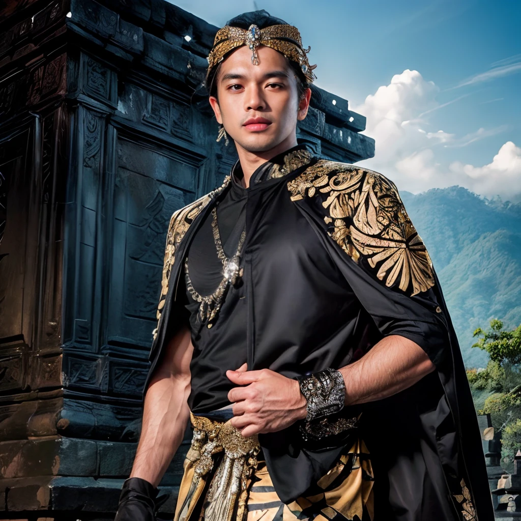 RAW photo, ((Best quality, 8k, Masterpiece :1.3)), ultra high res, (photorealistic:1.4), Highly detailed face and costume texture, high quality, Sharp: 1.4, Hyper realistic, Super detailed details, detailed batik, cineatic lightning, 1man rayhan mahesa, handsome prince, cool prince, nobleman, young male, male focus, thin beard, facing viewer, closed mouth, smile, with muscle and athletic body, short hair, gentleman in (adatjawapria:1.7) with, (gold batik:1.2), ((black blankon:1.7)), gloves, black hair, (cape with ruby and flowers), outdoors, walking, candi buddha, Bali Indonesian Temple Candi Borobudur, day, daylight, full body