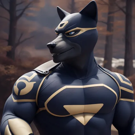 (best quality,ultra realistic:1.2),serious expression,beautiful cosplay of a superhero,3D rendering,Playstation 5 graphics,detailed face,realistic texture,serious wolf,gorgeous costume,superhero outfit