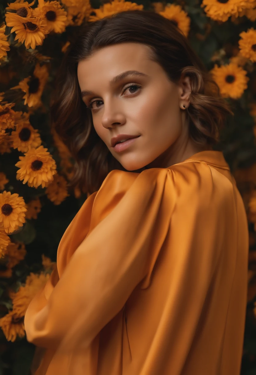 A woman in an orange shirt standing in front of a bunch of yellow flowers -  SeaArt AI