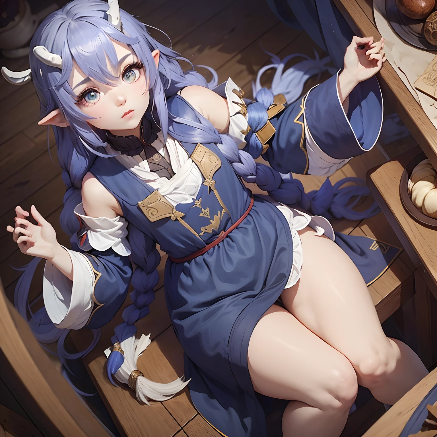 1 girl, Brown Medival peasant clothing, Thick thighs, long blue hair, pale white skin, Long hair, two blue Horns, soft Red eyes, Medium female, Flat bust,