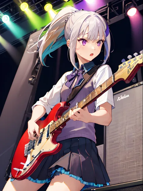 1girl, solo, black skirt, purple eyes, only five fingers, electric guitar, (guitar), holding, holding plectrum, instrument, pony...