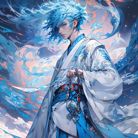 Tall and handsome young boy with blue hair and blue eyes，Stand on the edge of the dream space, Holding a blue-white knife，eyes g...
