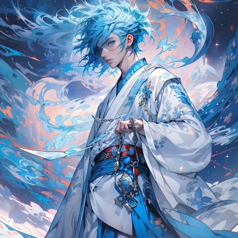 tall and handsome young boy with blue hair and blue eyes，stand on the edge of the dream space, holding a blue-white knife，eyes g...