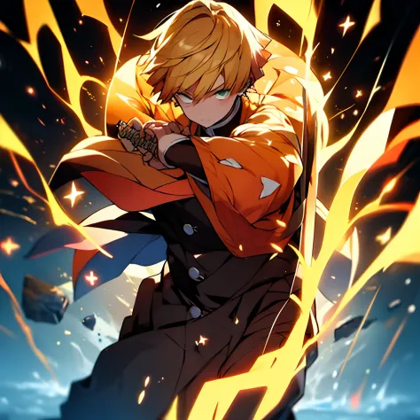 "craft an intense 32k artwork of zenitsu in the midst of battle, with his sword drawn and orange energy emanating from him. util...