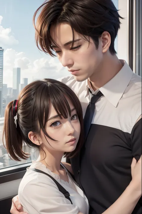 Anime couple hugging in front of the window，and the background is an urban landscape, Makoto Shinkai and Artgerm, sakimichan and...