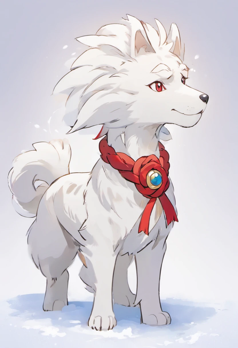 A close up of a white dog with a red ribbon around its neck - SeaArt AI