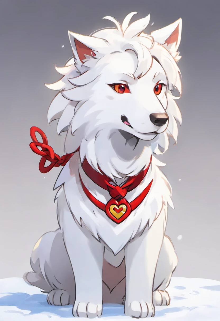 A close up of a white dog with a red collar and a red bow - SeaArt AI