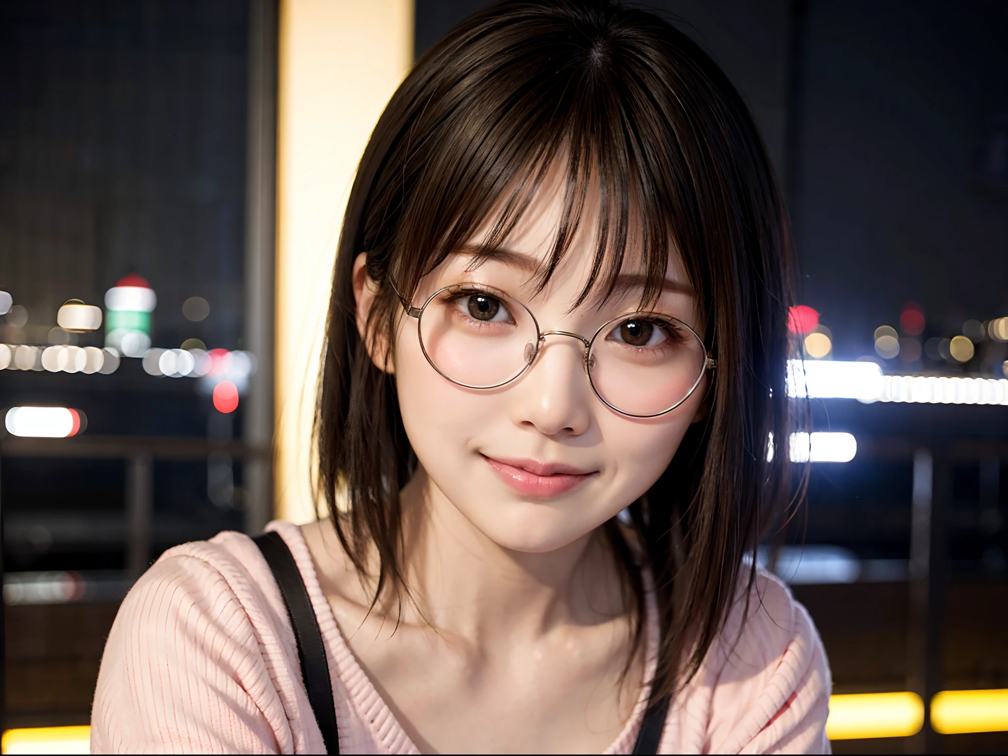 Japan girls in casual clothes、Watch your audience、Tokyo cityscape at night、(top-quality、Master masterpiece)))、HD fine、ighly detailed、Master masterpiece、Movie Lighting、(8k、top-quality、Master masterpiece:1.2)、(realisitic、Photorealsitic:1.37) Hi-Res、Super Detail、Woman with glasses、Silent look、Round glasses、ASİAN, cute little, Cute face, 独奏, Short hair 1.2, Textured skin, Beautiful smile, Beautiful detailed night sky, night landscape, Movie Lighting, depth of fields, Lens flare light、Dating、(blush nose)、、(Mouth closed)tiny chest、Beautiful eye for detail、(Sweaters:1.1)、(Short hair:1.2)、Floating hair Nova frog style、