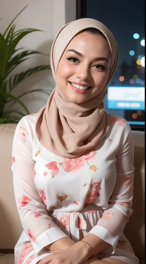 Malay girl in hijab, wear small floral red color shirt and High Waist white  gym Pants , laughing and posing with both hand on top of her head, touching  her own head