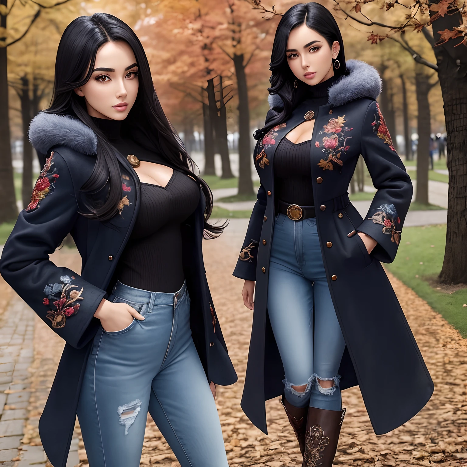 A close up of two women in jeans and jackets standing on a path - SeaArt AI