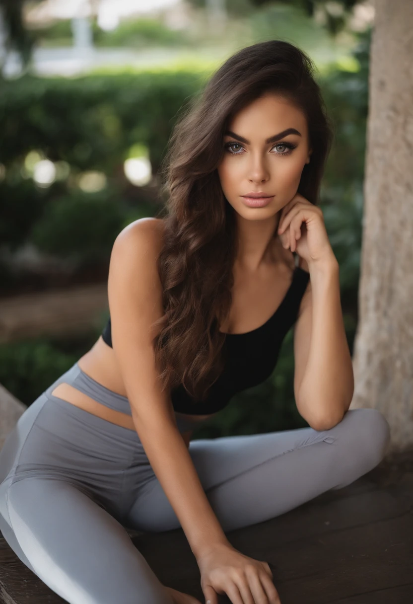 A woman in a black top and grey pants posing for a picture - SeaArt AI