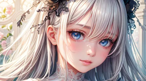 (best quality,realistic,ultra-detailed), cute young girl with long white hair, wearing a cute black dress, beautiful detailed eyes, beautiful detailed lips, innocent expression, soft natural lighting, vibrant colors, whimsical illustrations, pastel color p...