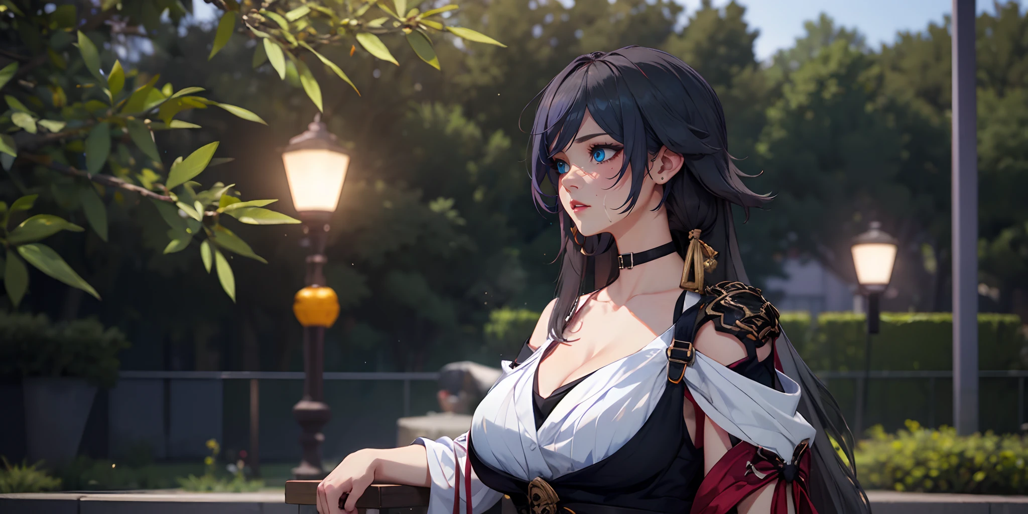 (long hair, grey hair:1.4), (plump:1.2), breast press, steaming face, fog, (heavy breathing:1.4), 1girl, breasts, solo, bare_shoulders, tree, cleavage, off_shoulder, outdoors, choker, parted_lips, large_breasts, looking_at_viewer, bamboo, lips, fog, heavy breathing, glow effects, godrays, Hand drawn, render, 8k, octane render, cinema 4d, blender, dark, atmospheric 4k ultra detailed, cinematic, Sharp focus, big depth of field, Masterpiece, colors, 3d octane render, 4k, concept art, trending on artstation, hyperrealistic, Vivid colors, extremely detailed CG unity 8k wallpaper, trending on CGSociety, Intricate, High Detail, dramatic