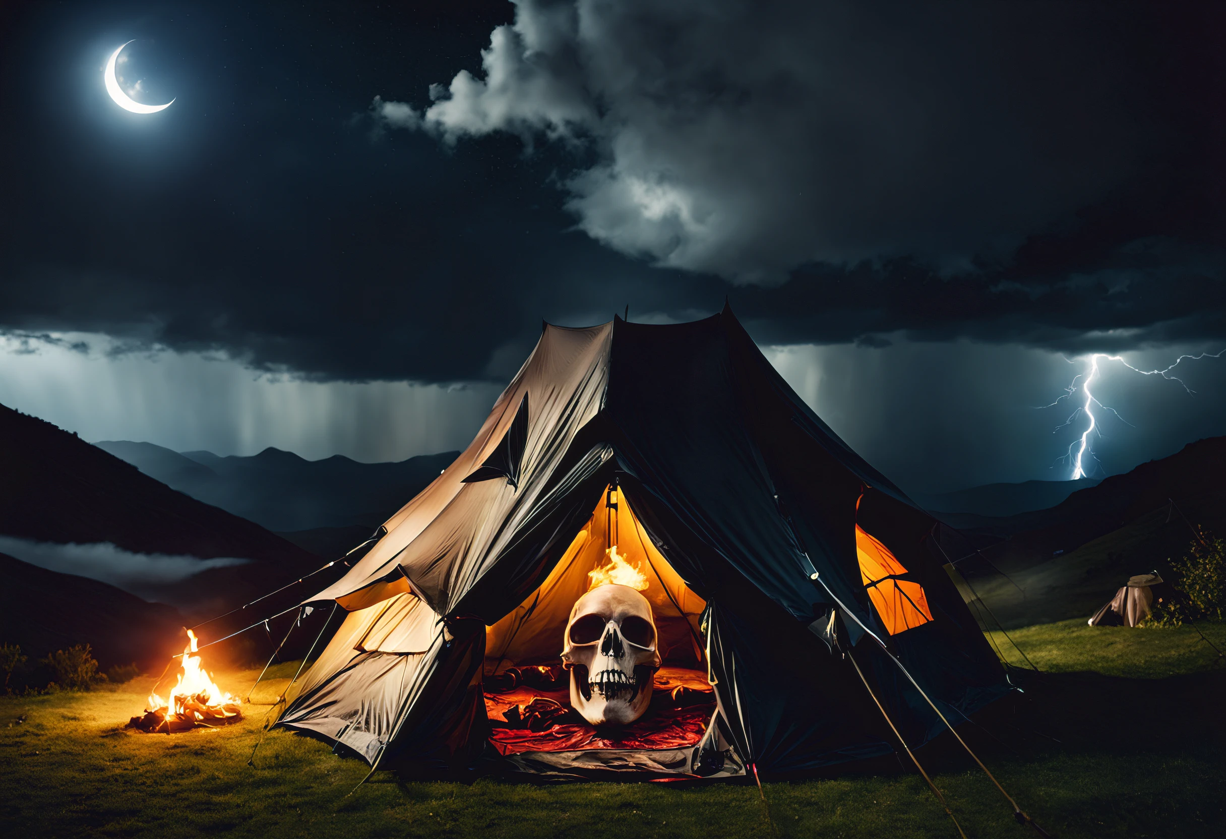 cinematic still photo of a tent that looks like a skull on top of a hill at night, fire, moon, rain, storm, (windy) stormy, clouds, spooky, spooky, (style of tim burton). isometric, 35mm photograph, film, bokeh, professional, 4k, highly detailed, high saturation