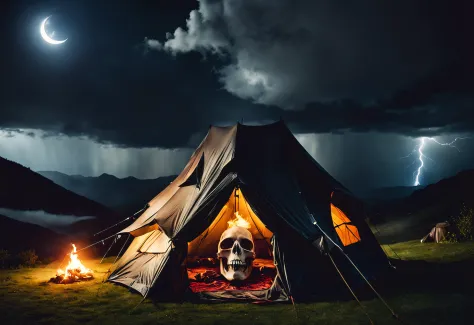 cinematic still photo of a tent that looks like a skull on top of a hill at night, fire, moon, rain, storm, (windy) stormy, clou...